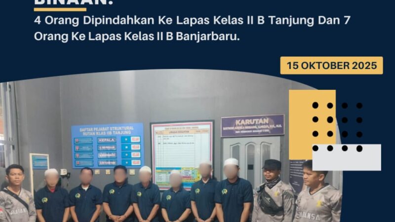 Rutan Tanjung Lakukan Pemindahan 11 Orang Warga Binaan. 4 Orang Dipindahkan ke Lapas Kelas II B Tanjung dan 7 Orang ke Lapas Kelas II B Banjarbaru