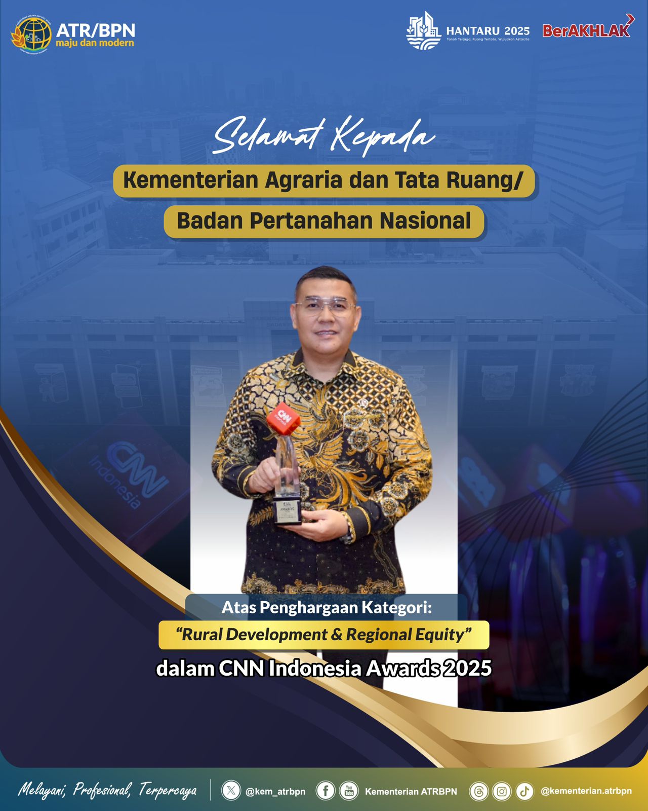 Kementerian ATR/BPN Raih CNN Indonesia Award 2025 untuk Kategori Rural Development & Regional Equity