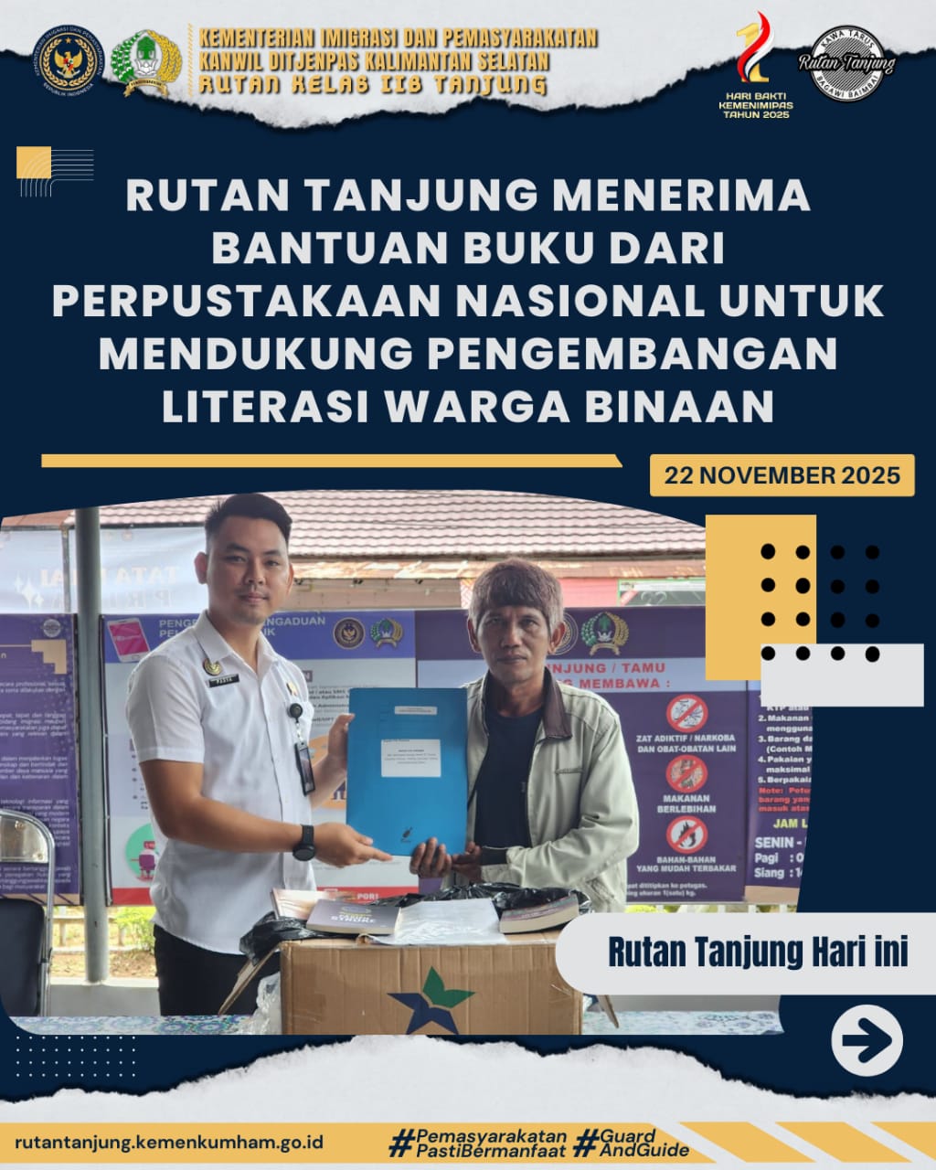 Rutan Tanjung Terima Bantuan Buku dari Perpustakaan Nasional untuk Mendukung Pengembangan Literasi Warga Binaan