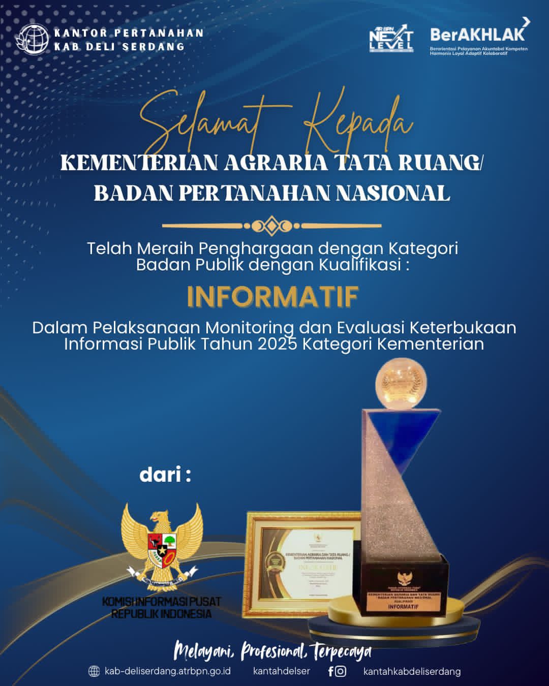 Kementerian ATR/BPN Raih Predikat “Informatif” 2025, Kantah Deli Serdang Sampaikan Apresiasi