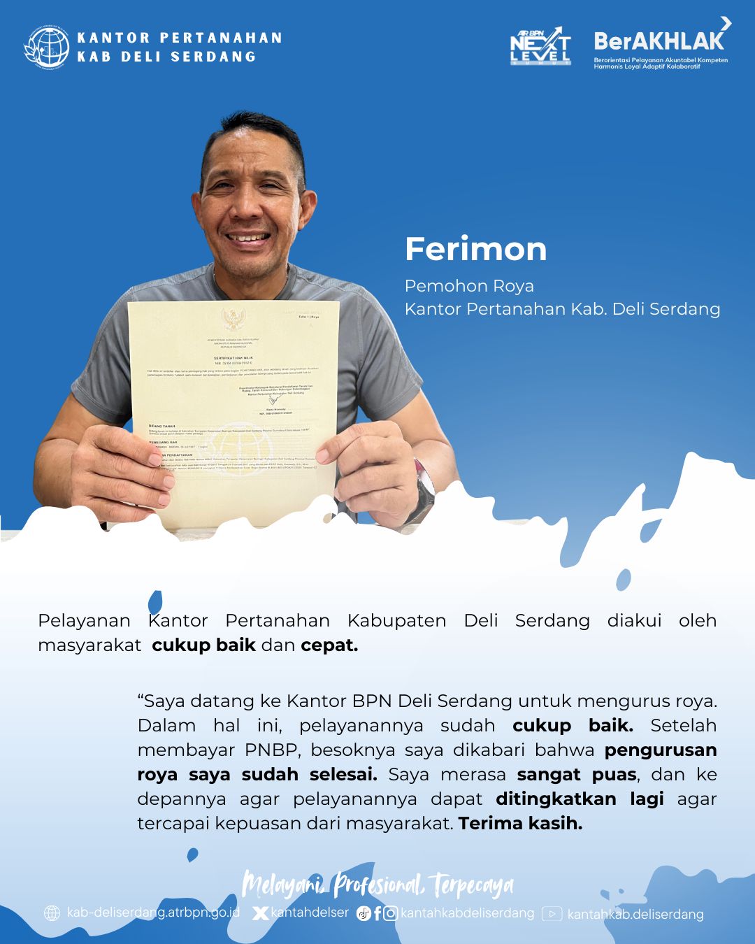 Pelayanan Kantor Pertanahan Deli Serdang Diapresiasi Warga, Pengurusan Roya Dinilai Cepat dan Transparan