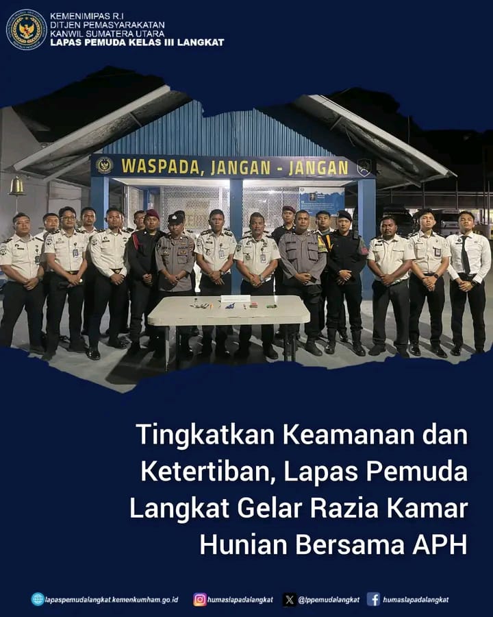 Tingkatkan Keamanan dan Ketertiban, Lapas Pemuda Langkat Laksanakan Razia Kamar Hunian Bersama APH