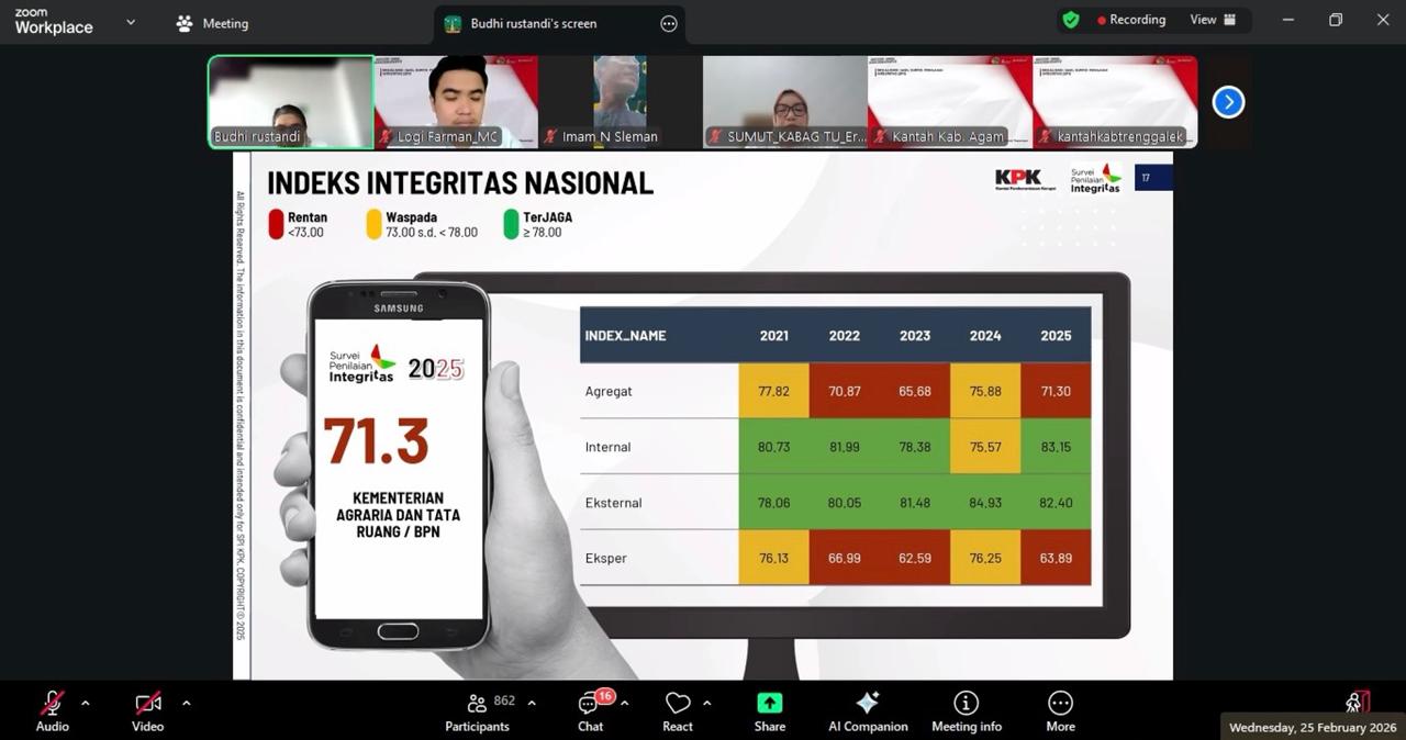 Kementerian ATR/BPN Sosialisasikan Hasil SPI KPK 2025 ke Jajaran untuk Peningkatan Kualitas Layanan dan Tata Kelola Pertanahan