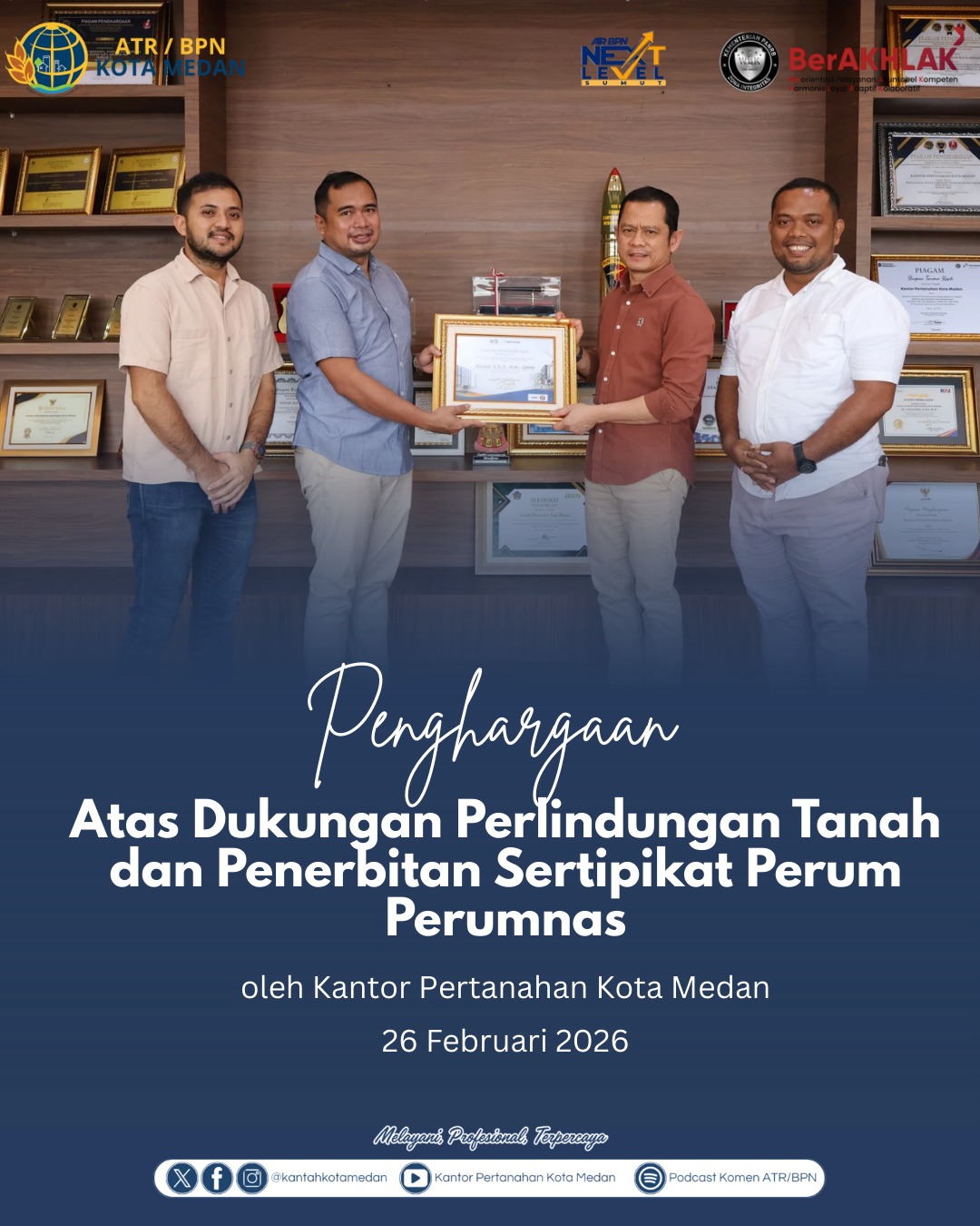 Kantor Pertanahan Kota Medan Terima Piagam Penghargaan dari Perum Perumnas atas Dukungan Sertipikasi Proyek Sumatera Utara