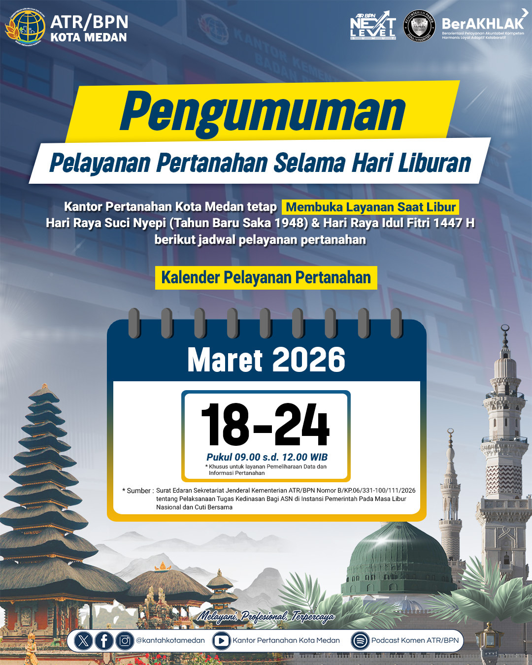 Kantor Pertanahan Kota Medan Tetap Buka Layanan Saat Libur Nyepi dan Idul Fitri